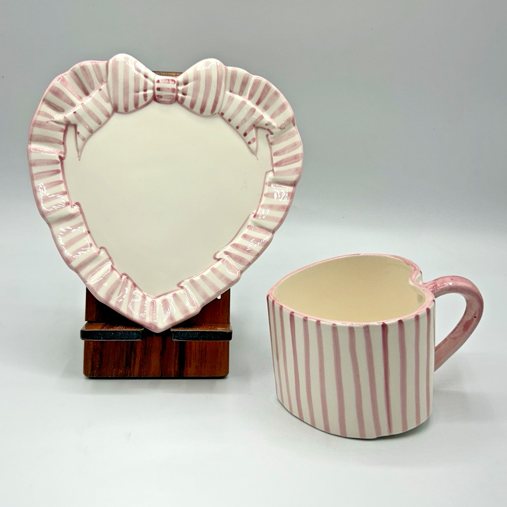 The Haldon Group Heart Pink Stripe Collection Ribbon Flat Cup & Saucer Set 1990
